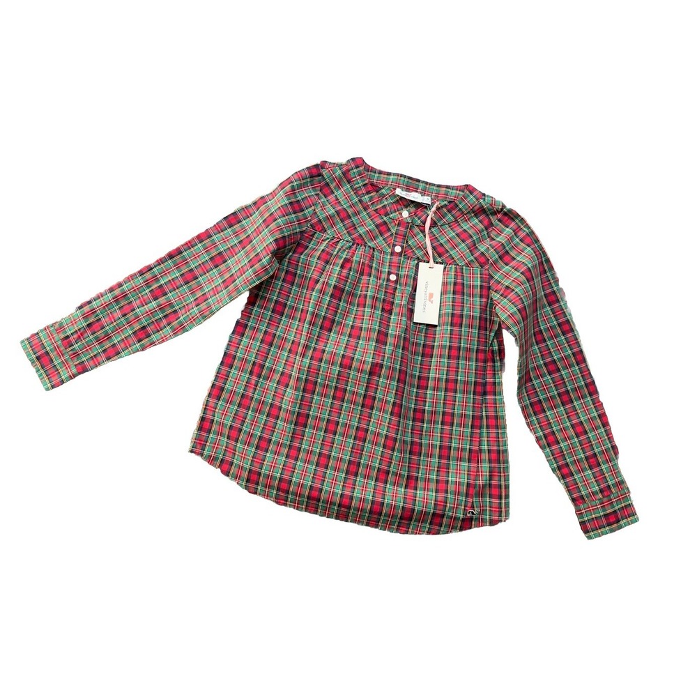 NWT Vineyard Vines Red Green Holiday Plaid Popover Long Sleeve Top Girls M(10-12